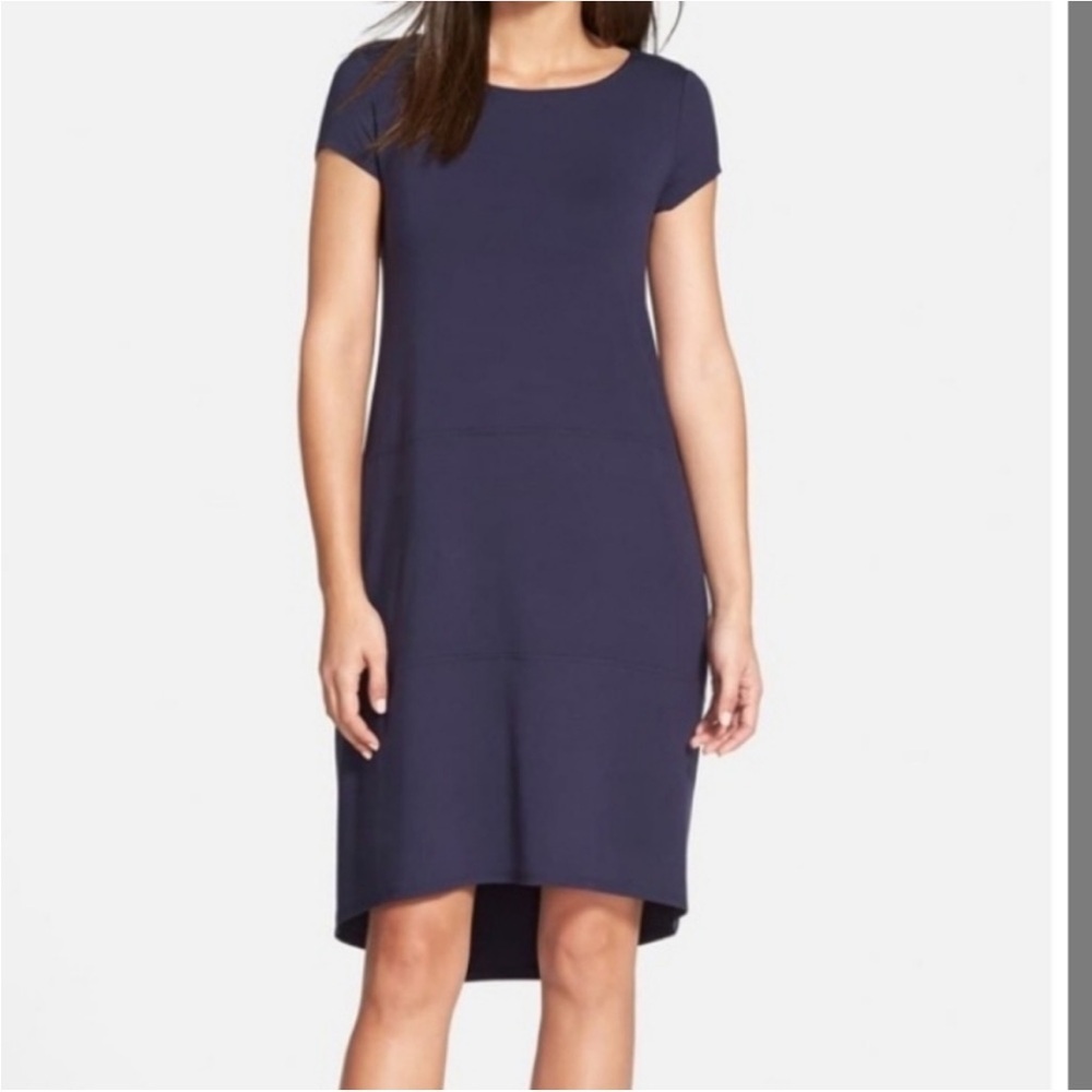 Eileen Fisher Navy Blue Cap Sleeve Hi-Low Shirt Dress Size Small